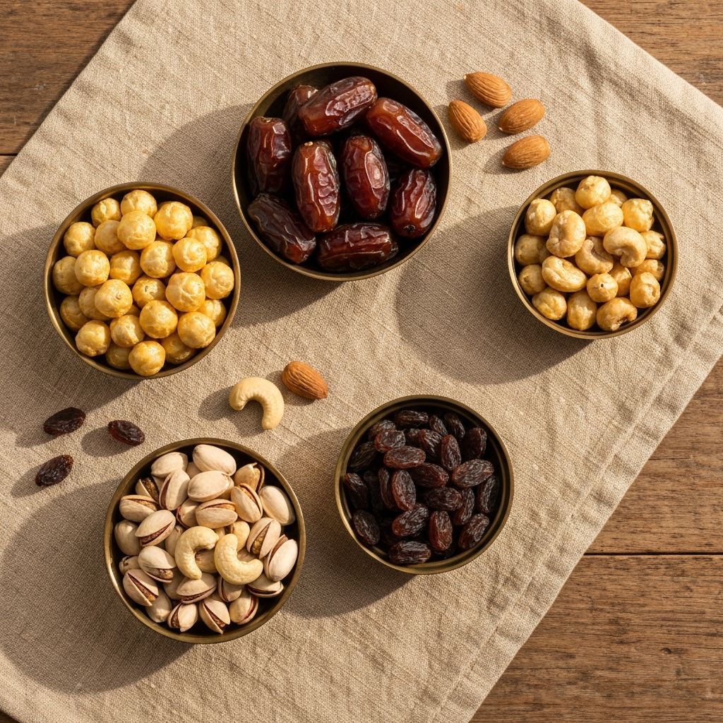 A family spread of dates, makhana, cashews, pistachios and almonds laid out in handcrafted bowls on a linen runner.