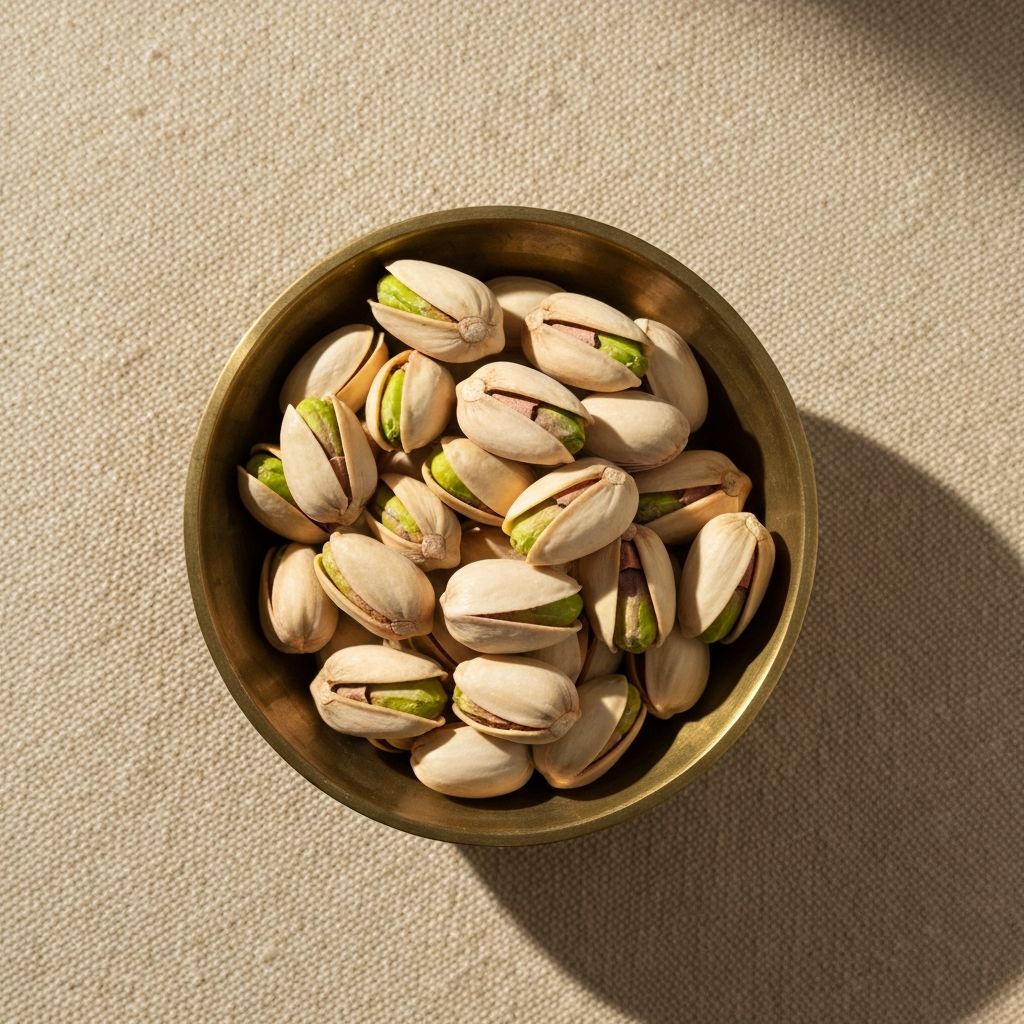 Pistachios — Bright green kernels, lightly salted.